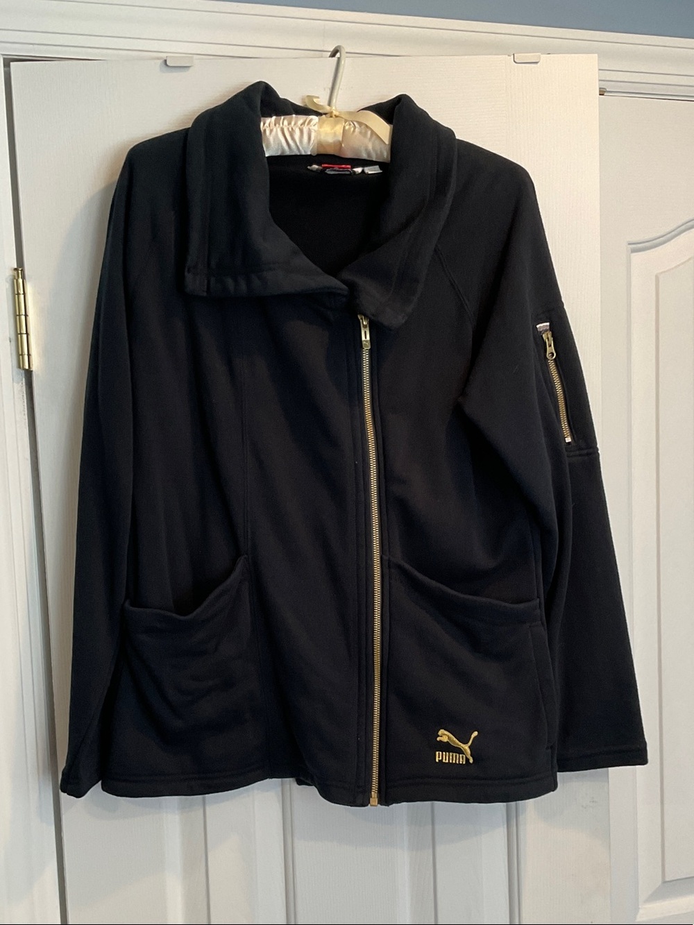 Puma Black Asymmetrical Zip Bomber Jacket with Gold Logo